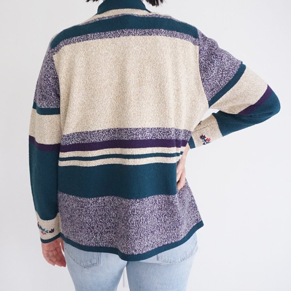 TanJay Teal Purple Patchwork Knit Cardigan Vintage Zip Sweater Grandmacore M - Picture 2 of 9